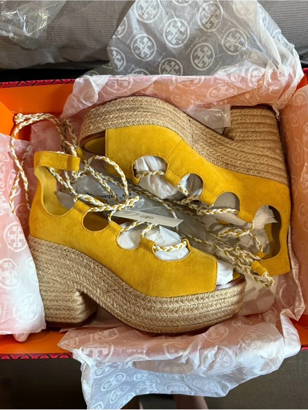 Tory Burch Yellow Suede Braided Lace-Up Platform Sandals